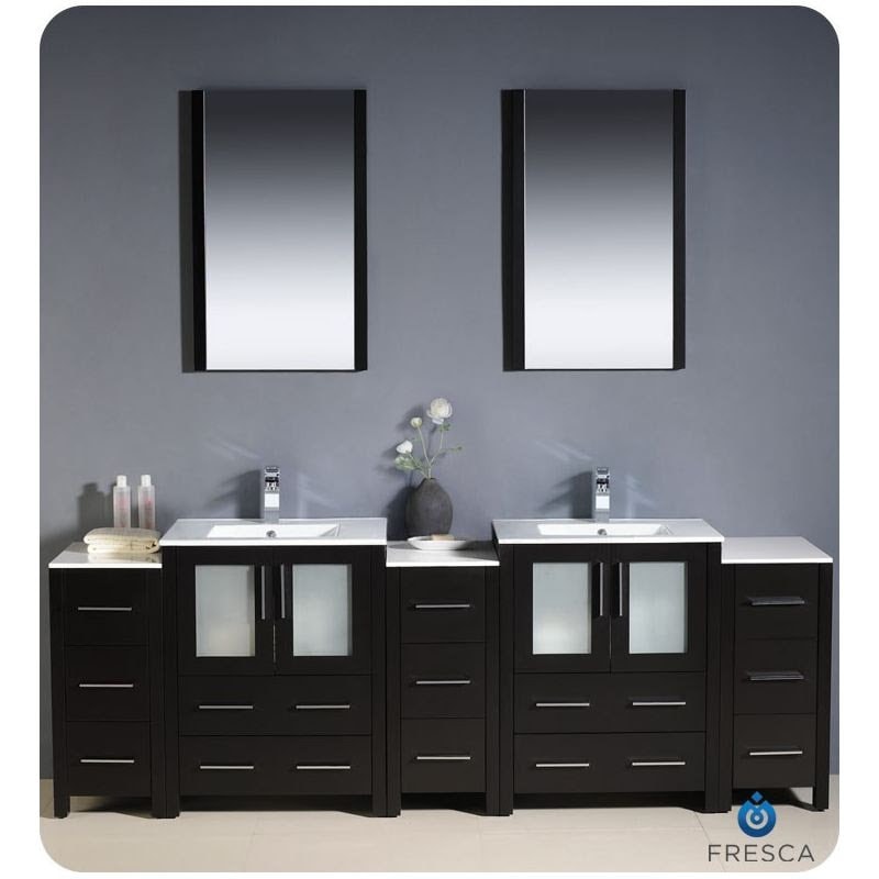Bathroom Vanities dual sink and mirror with wooden cabinets