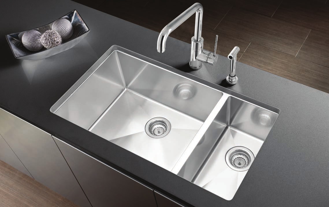 Double basin Blanco Sinks with ball faucet and stone table top