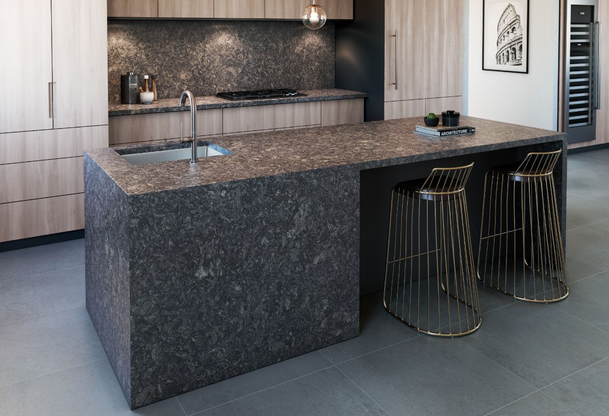 Cambria Countertop Stone with metal stools and wooden cabinets