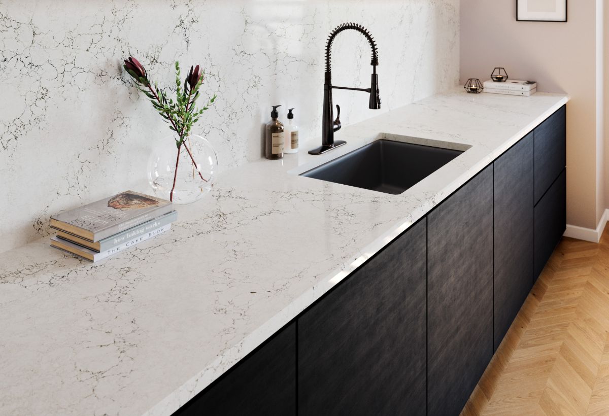 Cambria Countertop Stone with modern metal cartridge faucet