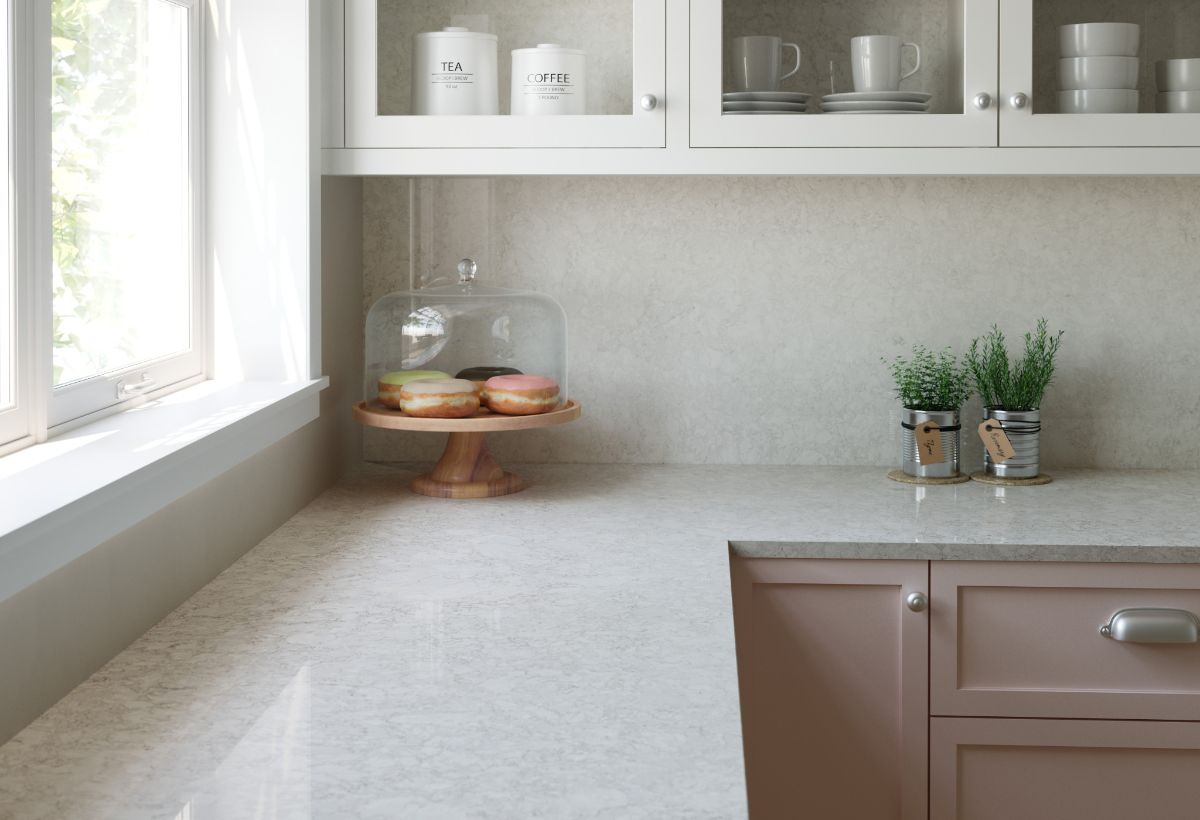 Cambria Countertop Stone with pale pink drawers and doughnut jar