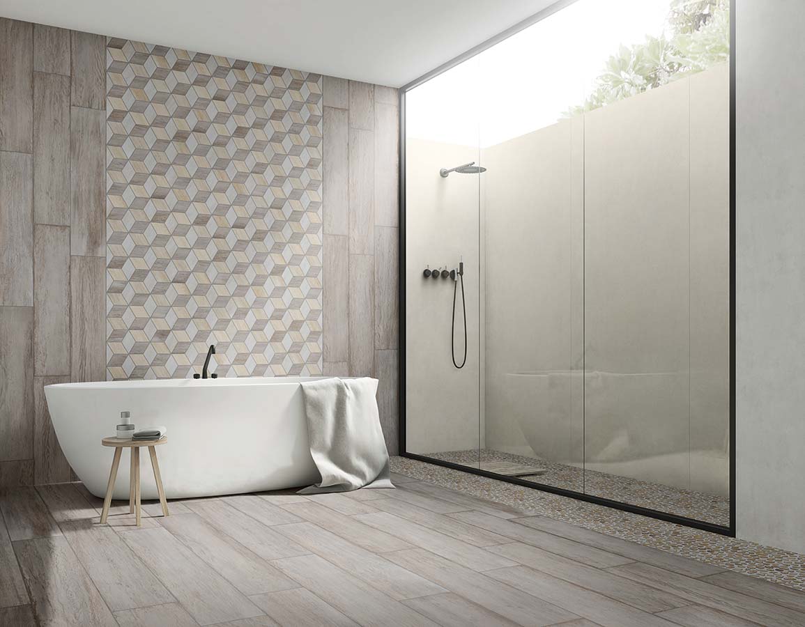 Modern bathroom design with glass doors and hardwood flooring