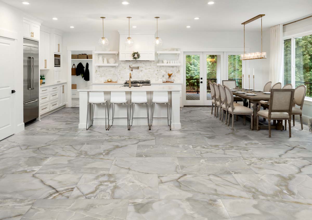 Modern white kitchen design with Conestoga tile flooring