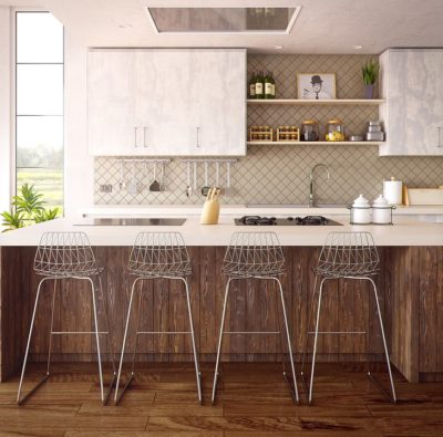 A modern kitchen design with metal stools and ceramic tiles
