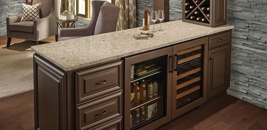 MSI Countertop with wooden kitchen cabinets and wine storage box