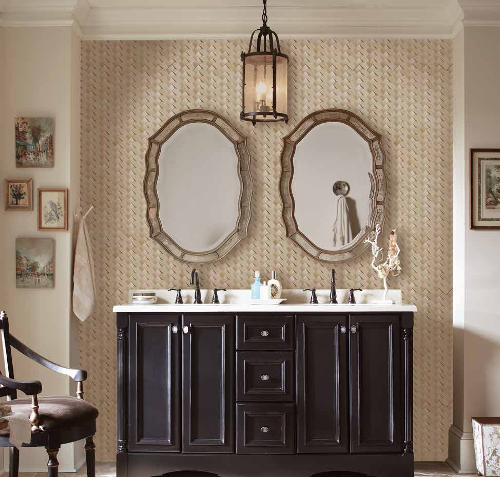 MSI Mosaic tiles artistic bathroom walls installation with ornamental mirror and wooden cabinet