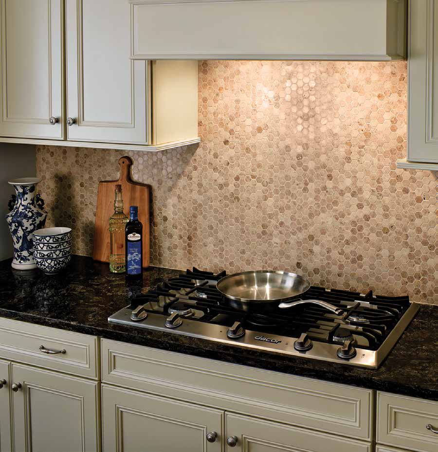 MSI Mosaic kitchen walls installation with white cabinets and stove top