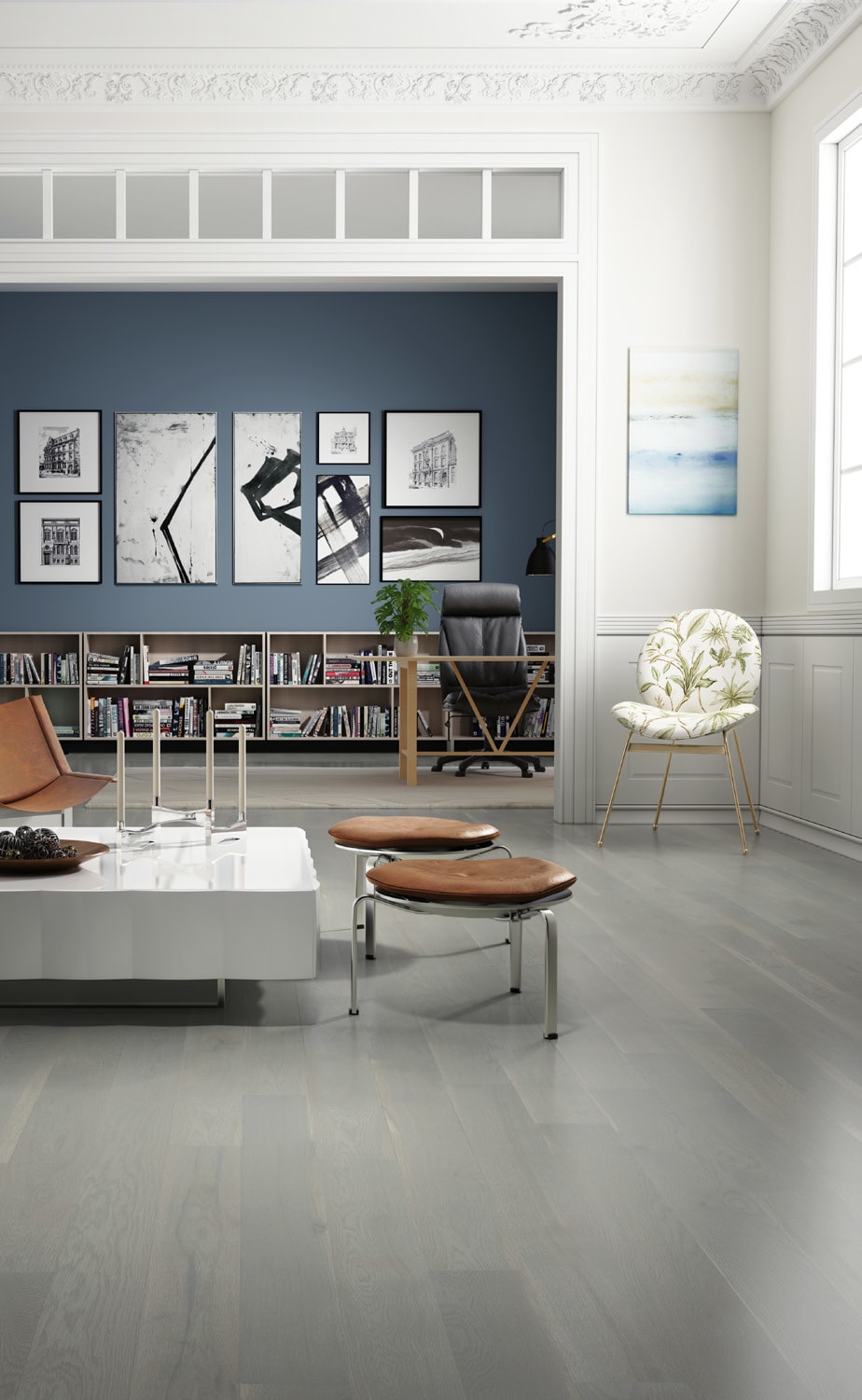 Mercier Floor in a modern living space with blue and grey accent and white walls