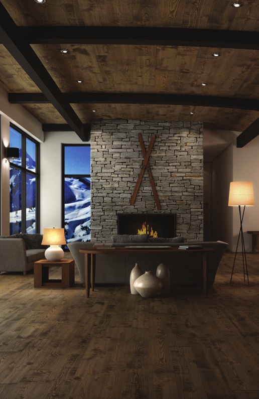 Mercier Floor in a modern living space with brick furnace and study table