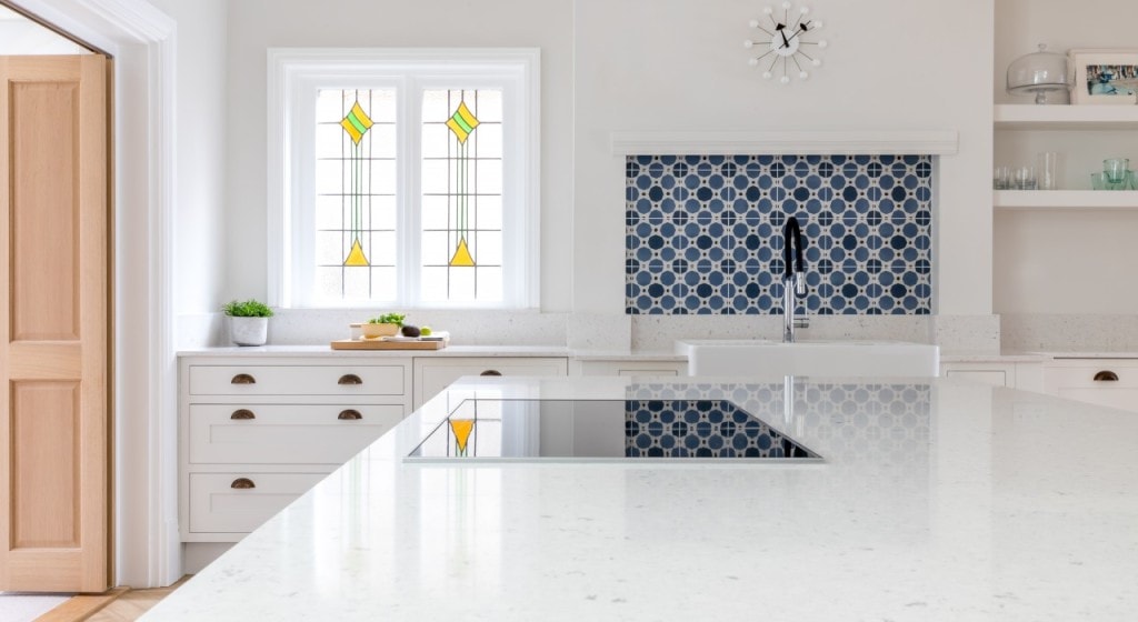 All white Silestone Countertop and kitchen cabinets