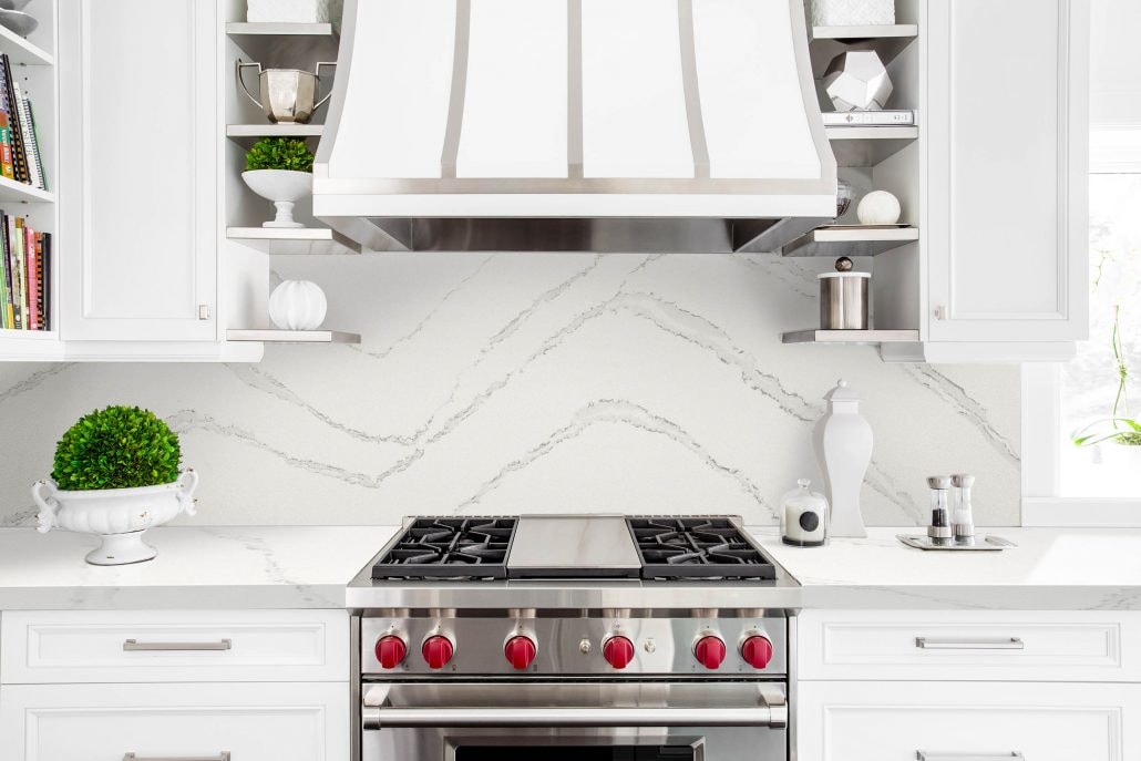 Spectrum Quartz Countertop Stone in an all-white modern kitchen design with oven